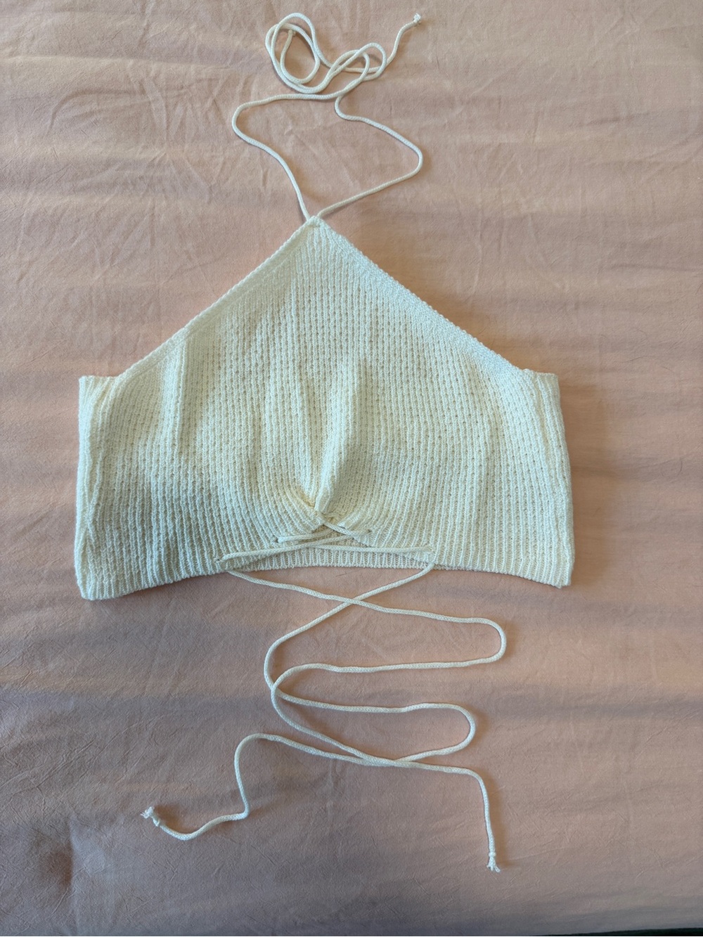 New Cream Knit Halter Tie-front Crop Top, Size M